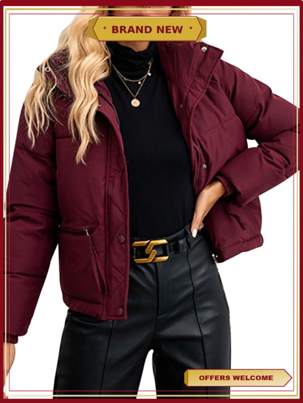 Womens Puffer Jacket High Collar Zip Front Loose Fit Warm Winter Coat